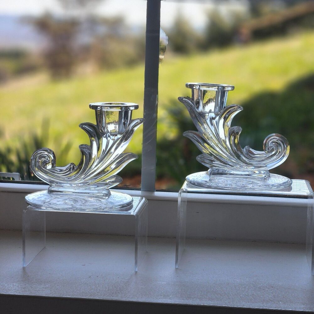 Fostoria Baroque Glass Candle Sticks Crystal Navarre Etch Candle Holders Flame